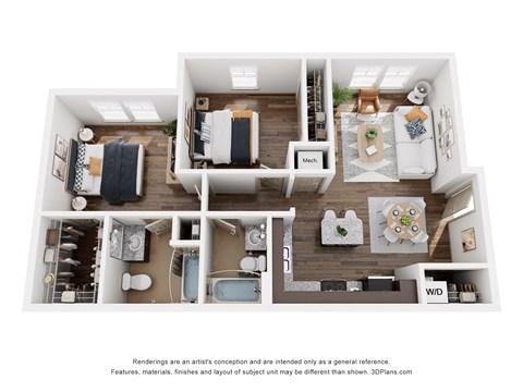 Floor plan for 2 beds, 2 baths, 972 sqft
